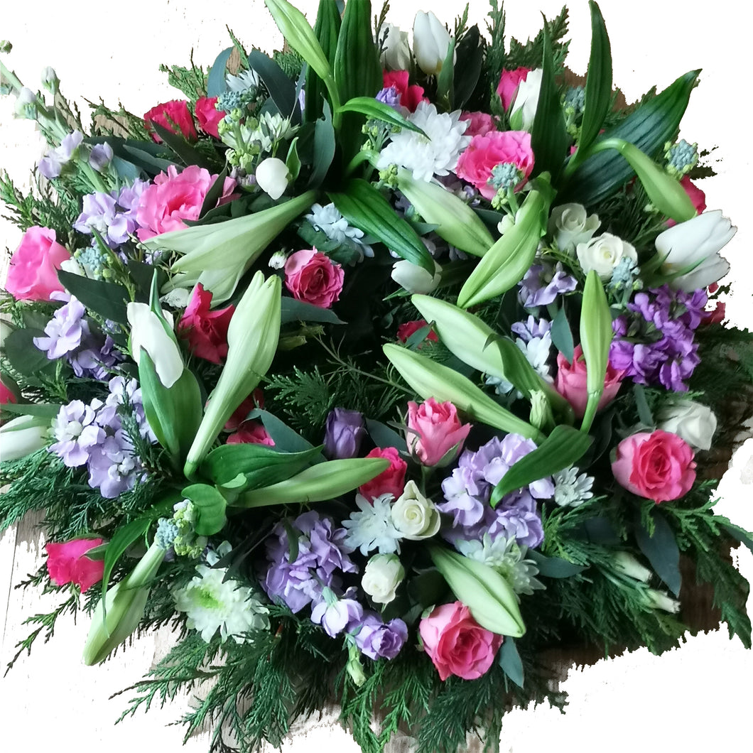 Round Wreath - pink, purple and white roses and tulips