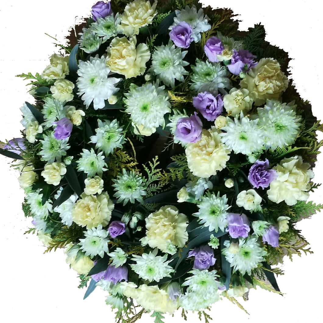 Round Wreath - Purple Green and White flowers